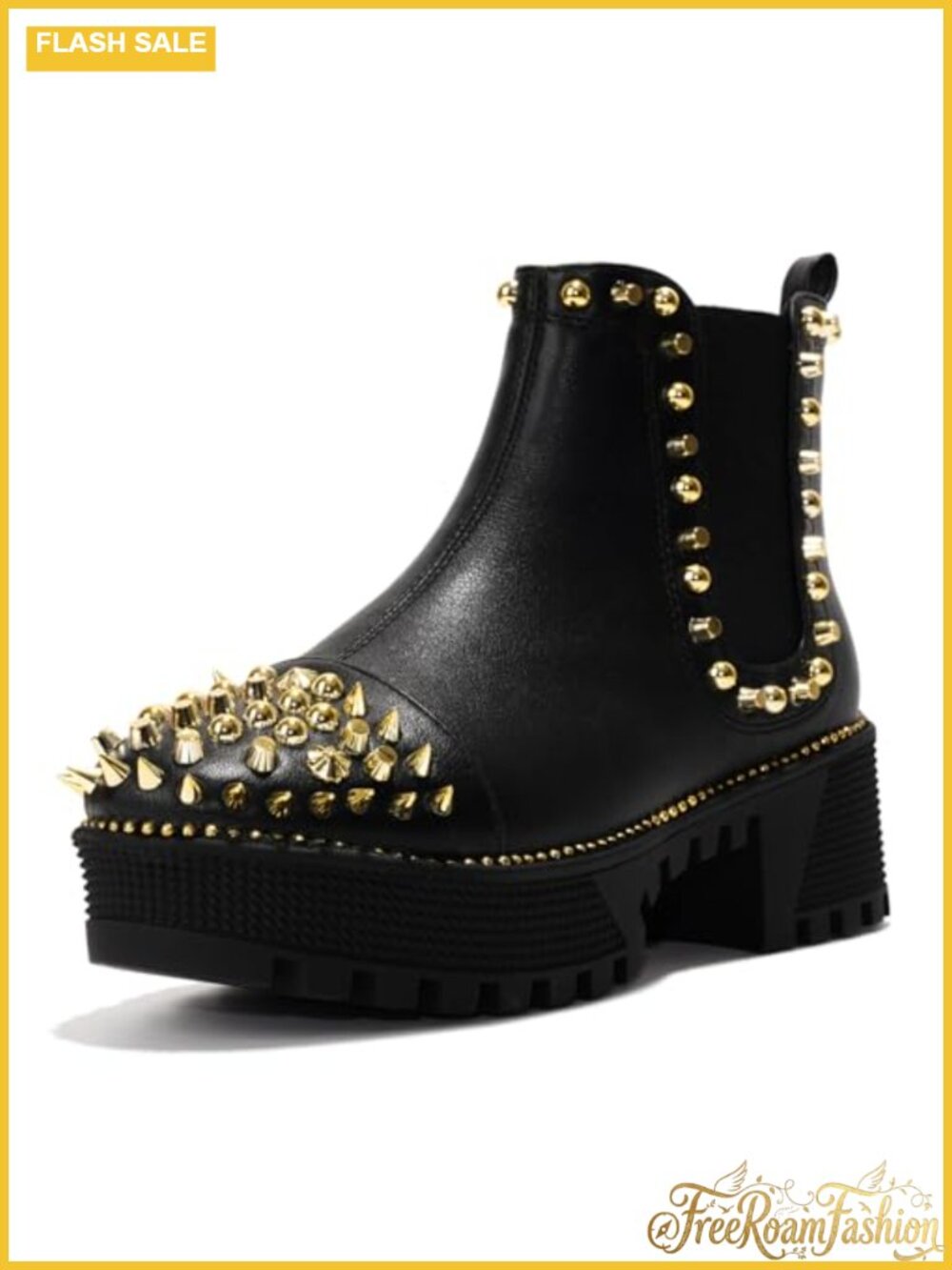 Spiky Platform Combat Boots Studded PU Leather Pull-On